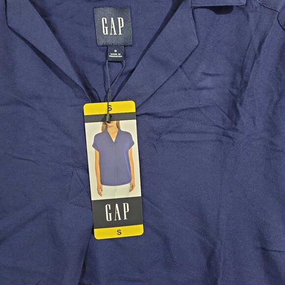 NEW Gap Womens S Navy Collared Short Sleeve Blouse Rayon & Lyocell Loose Fit - Picture 6 of 7